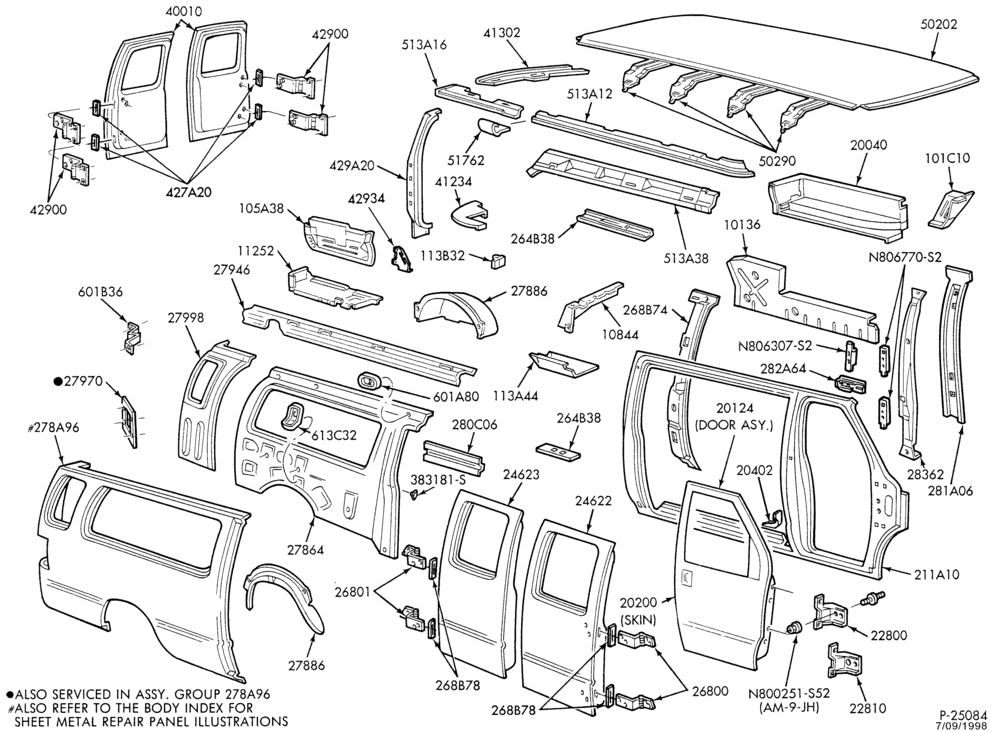 Схема SHEET METAL-Upper body sheet metal parts - Super Van/Wagon - hinged doors - R.H.-E150/450