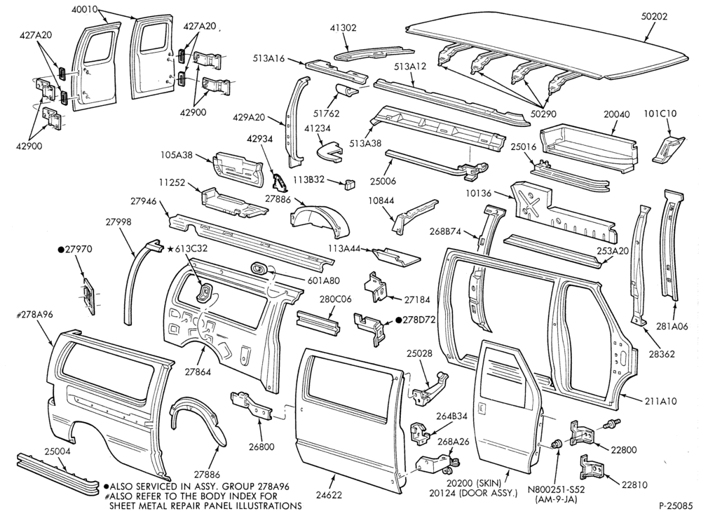 Схема SHEET METAL-Upper body sheet metal parts - exc. Super Van/Wagon - sliding door - R.H.-E150/350