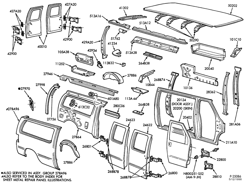 Схема SHEET METAL-Upper body sheet metal parts - exc. Super Van/Wagon - hinged doors - R.H.-E150/350