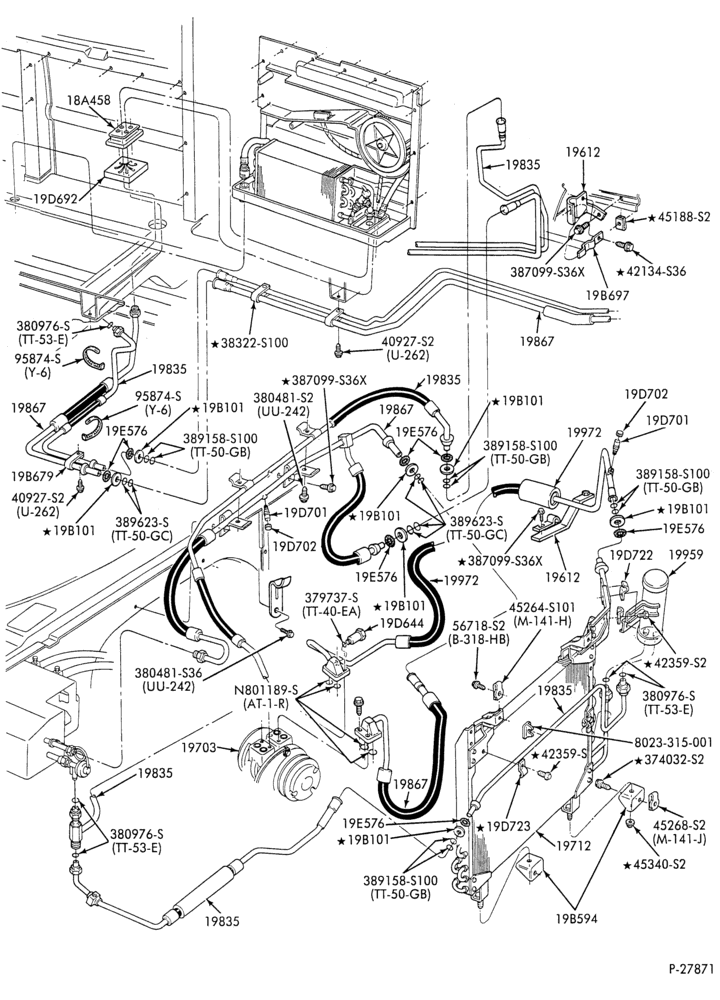 Схема AC HOSES & TUBES-8 cyl. - 5.8L - w/aux. A/C - w/aux. heat-E