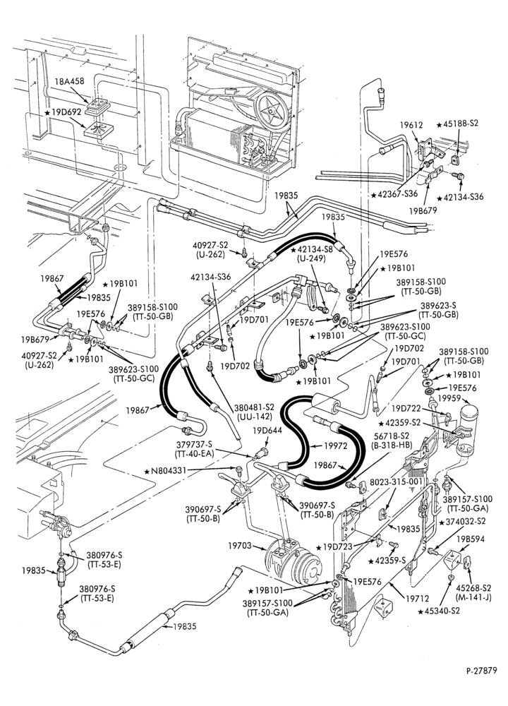 Схема AC HOSES & TUBES-6 cyl. - 4.9L - w/aux. A/C-E