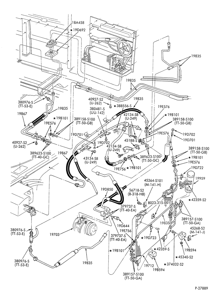 Схема AC HOSES & TUBES-6 cyl. - 4.9L - w/aux. A/C-E