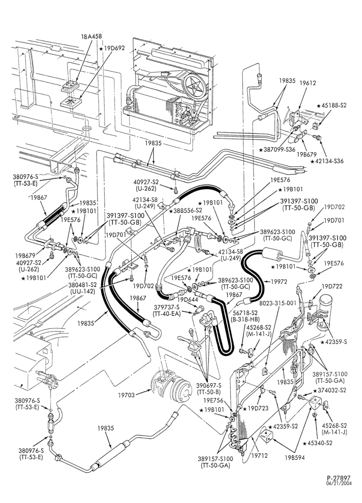 Схема AC HOSES & TUBES-8 cyl. - 7.5L - w/aux. A/C-E