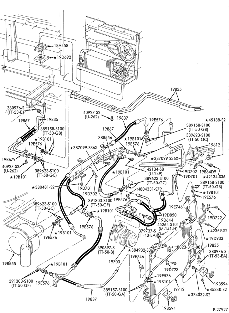 Схема AIR CONDITIONING-Condenser & hoses - integral - 8 cyl. 7.5L - with aux. a/c-E250/350