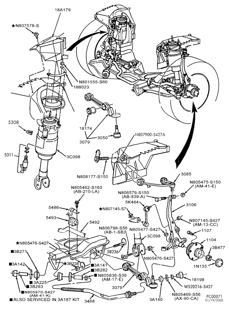 Схема FRONT SUSPENSION-Arms, shock absorbers, spindles & stabilizer