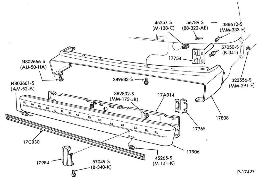 Схема SPEEDOMETER, BUMPERS, MIRRORS AND WIPERS-Bumper- rear - body type 54"Before 2/83"