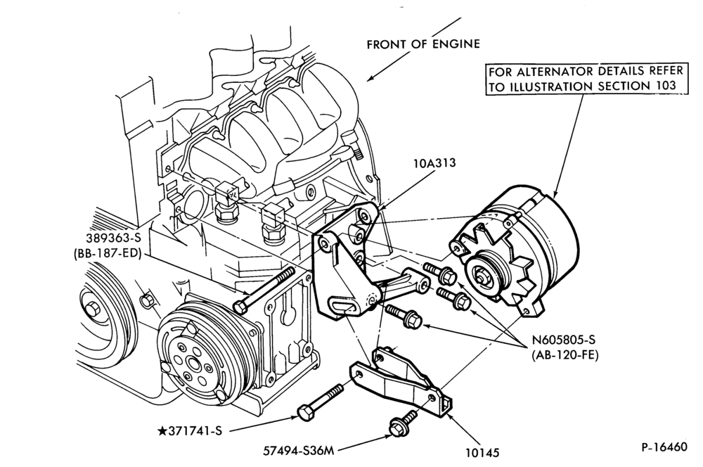 Схема Стартер, IGNITION AND HEADLAMP SWITCHES-Alternator mounting brackets- 4 cyl. 98 (1.6L) & 116 (1.9L) - with A/C