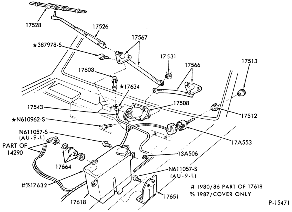 Схема WIPERS AND WASHERS-Windshield wiper and washer parts-F100/350