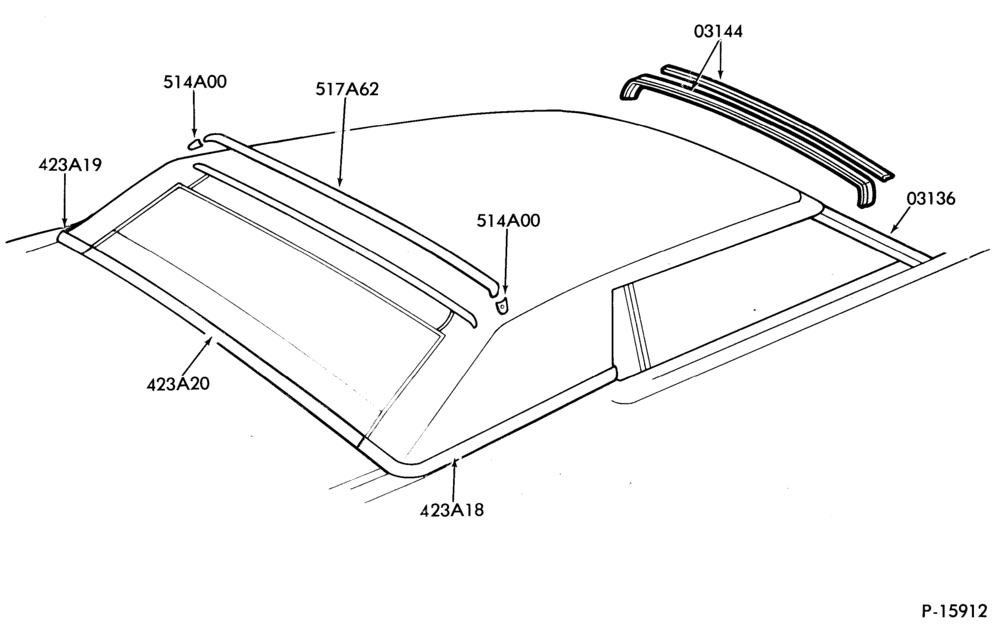 Схема SIMULATED CONVERTIBLE WINDSHIELD, ROOF AND BACK BELT MOULDINGS - BODY TYPE 66