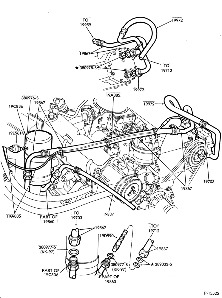 Схема AIR CONDITIONING-Compressor Installation  - built  - integral hoses-8 cyl. 302 (5.0L), 351W (5.8L), 460 (7.5)-All