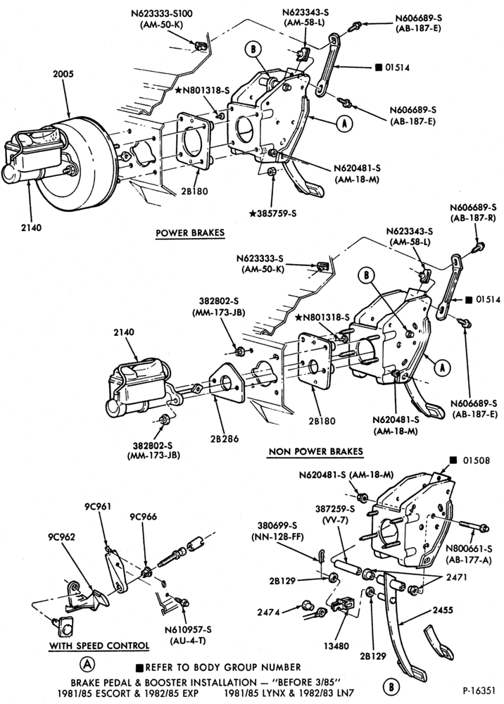 Схема BRAKES-Brake booster and pedal installation-"Before 3/85"
