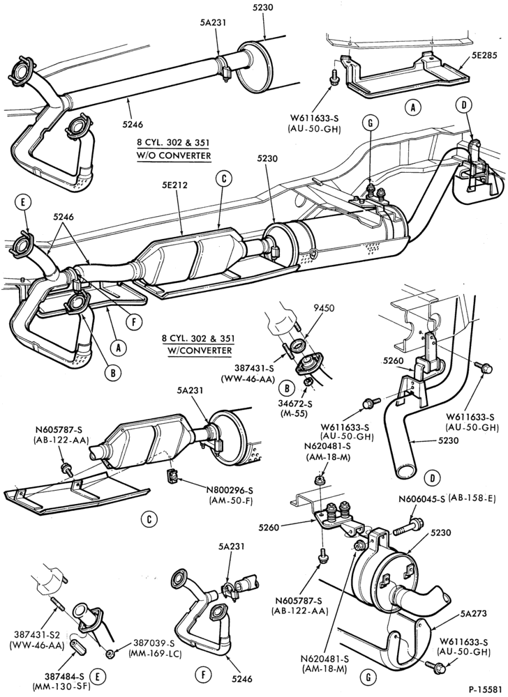 Схема EXHAUST SYSTEM-EXHAUST SYSTEM- 8 cyl. 351M (5.8L) and 351W (5.8L)-U150