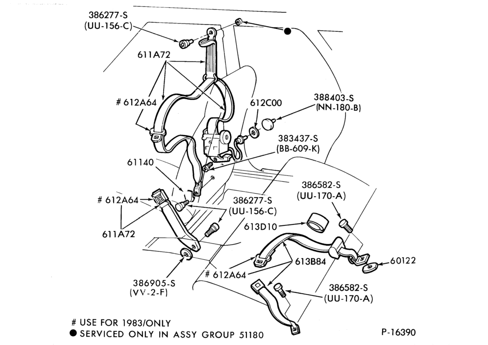 Схема SEATS AND SEAT BELTS-Seat belt and shoulder harness installation - body types 58 and 74