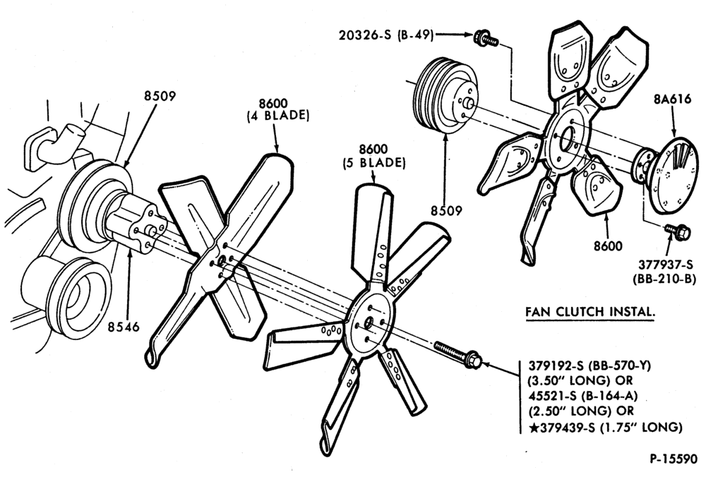 Схема COOLING FAN, CLUTCH AND RELATED PARTS-COOLING FAN, CLUTCH AND RELATED PARTS- 6 cyl. 300 (4.9L) and 8 cyl. 302 (5.0L), 351M (5.8L), 351W (5.8L),-E100/350