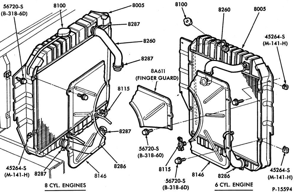 Схема COOLING SYSTEMS-COOLING SYSTEMS- 6 cyl. 300 (4.9L) and 8 cyl. 302 (5.0L), 351M (5.8L), 351W (5.8L),-E100/350