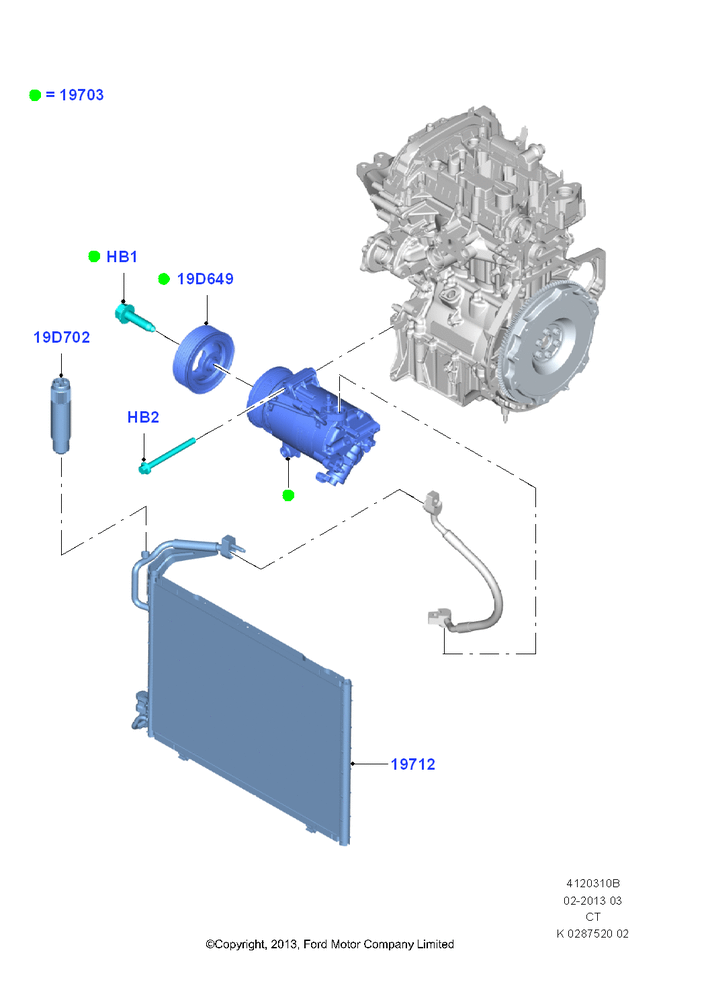 Схема Конденсатор и компрессор кондиционера, 1.0L EcoBoost 120PS/125PS/140PS, With Air Conditioning; 14.10.2013–01.08.2019