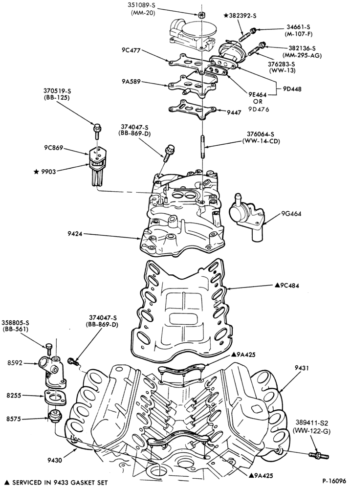 Схема 8 CYL. 5.0L (302 C.I.D.)-Intake manifold and related parts