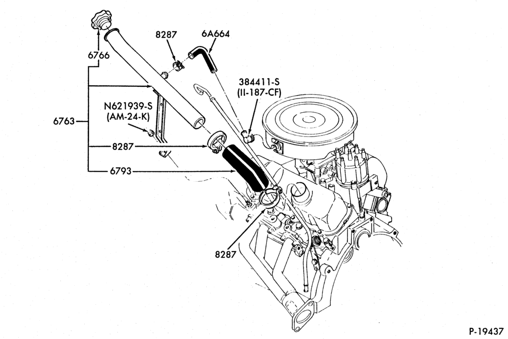 Схема 6 CYL. 2.8L (171 C.I.D.)-Oil filler pipe installation - 1986-A