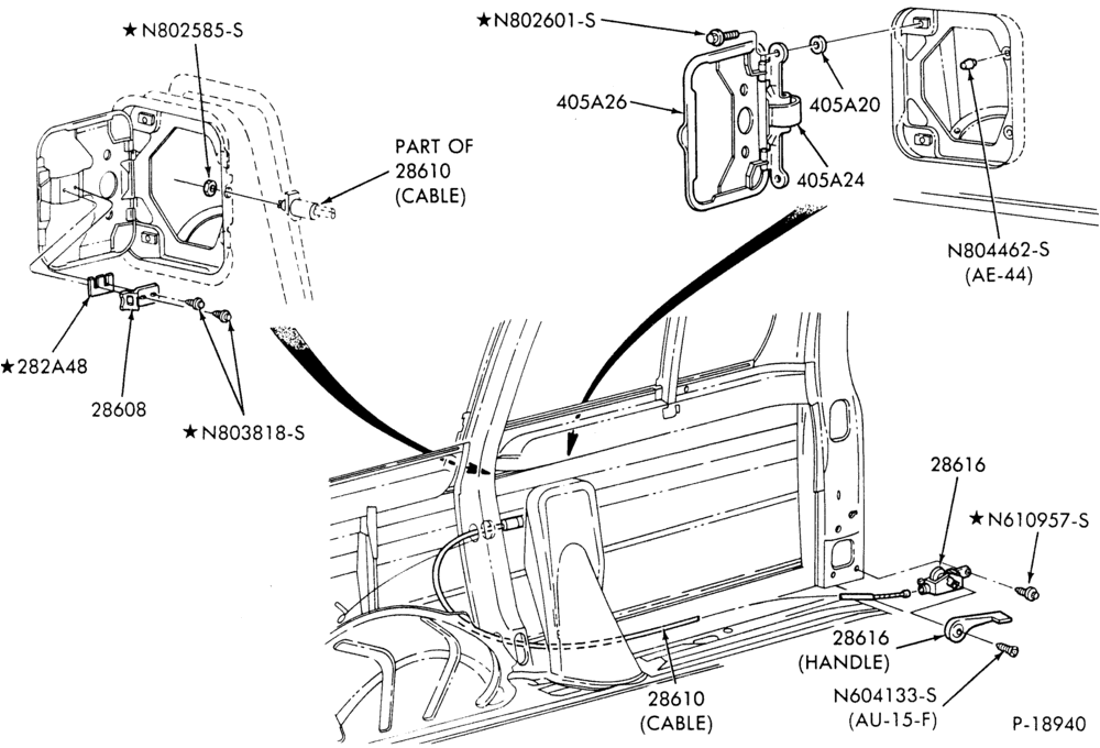Схема FUEL FILLER OPENING-Fuel filler door, cable, latch and lever - "Before 11/89"-A