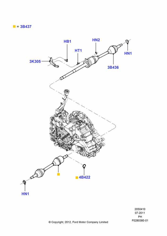 Схема Приводные валы переднего моста, 3.5L 4V DOHC VCT SMPI V6 Gas; 18.07.2011–06.02.2012