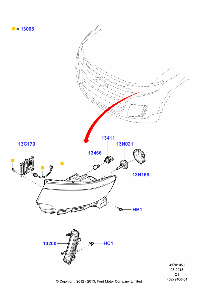 Схема Фары и передние указатели, Ford Series, High Intensity Discharge Headlamp; 11.04.2012–24.12.2014