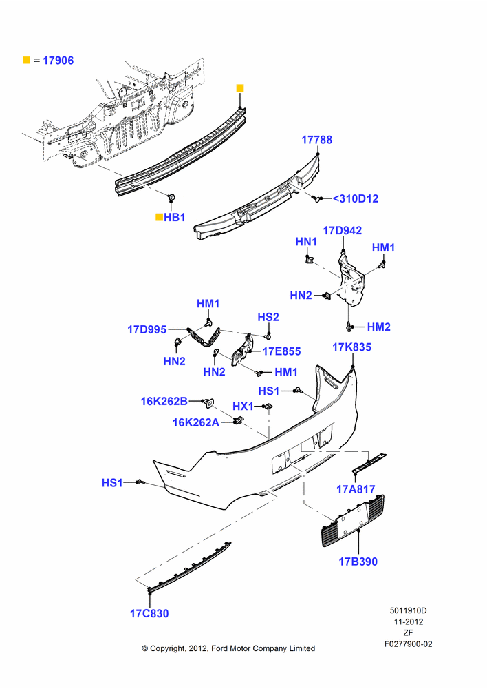 Схема Задний бампер, GT, Less Appearance Group, Less Special Equipment Package; 27.02.2012–27.06.2014