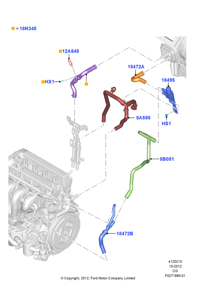 Схема Шланги отопителя, Plug-In Gas/Electric Hybrid; 01.10.2012–26.04.2018