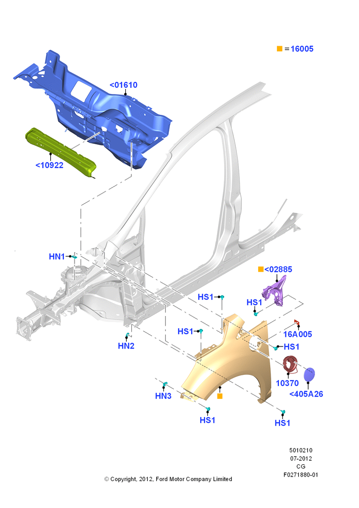Схема Щит передка и передние крылья, Plug-In Gas/Electric Hybrid; 01.10.2012–26.04.2018
