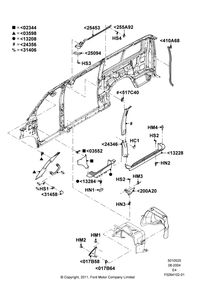 Схема Боковая отделка, Base, Extended Van, Regular Van, RH Sliding Side Cargo Door, RV Prep Version, RH Side Only; 02.08.2004