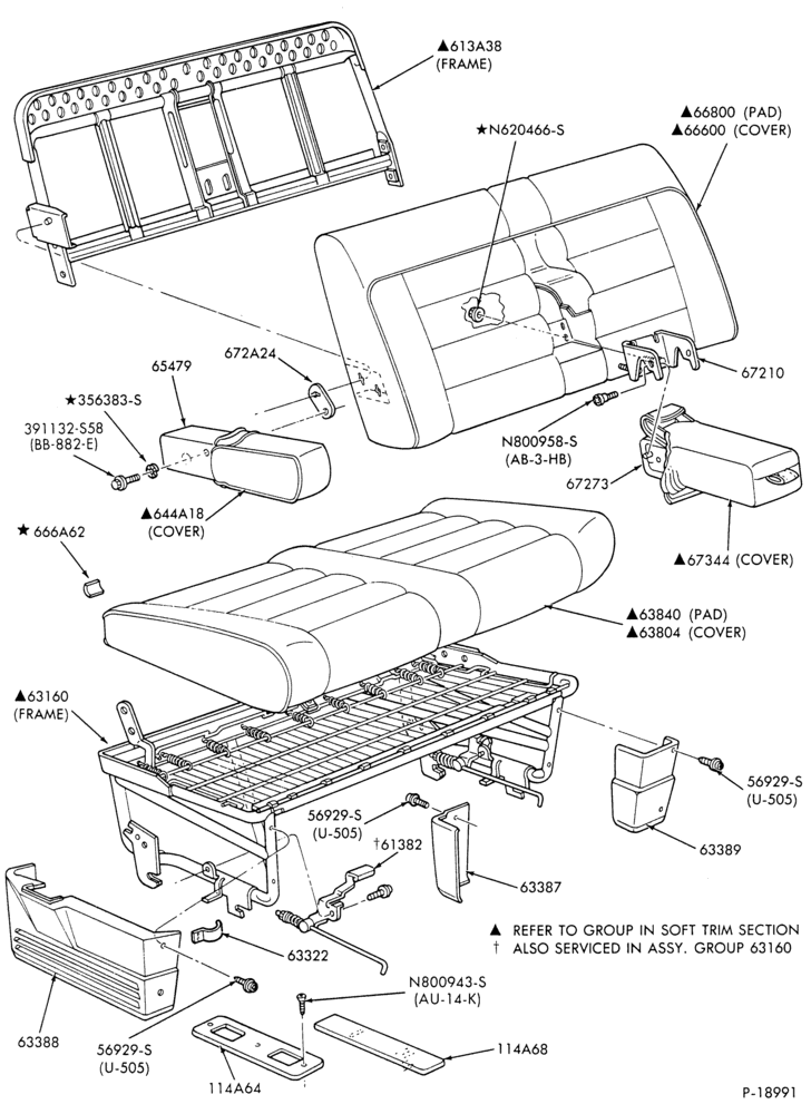 Схема SEATS-Rear seat parts- Two passenger - bench - w/o bed - "Before 11/88"-A