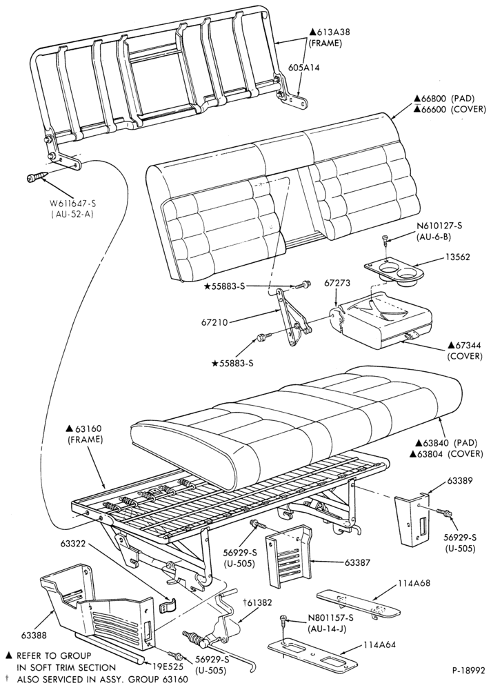 Схема SEATS-Rear seat parts - Two passenger - bench - Three passenger - bench - w/o bed - "Before 11/88"-A