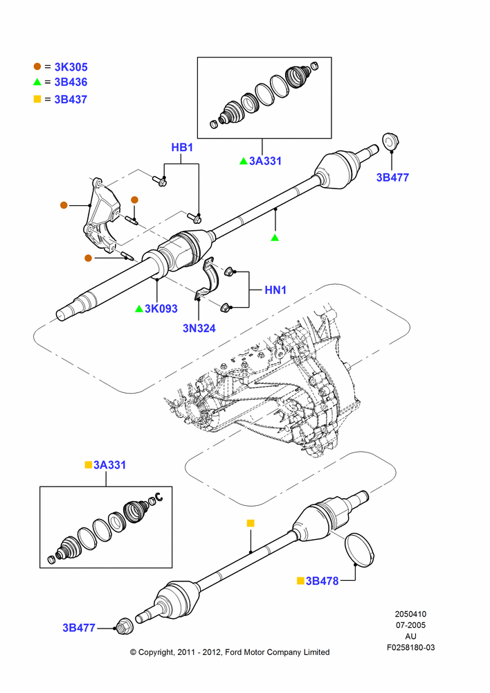 Схема Приводные валы переднего моста, 4-Speed Automatic Transaxle - 4F27E; 18.07.2005–07.12.2010
