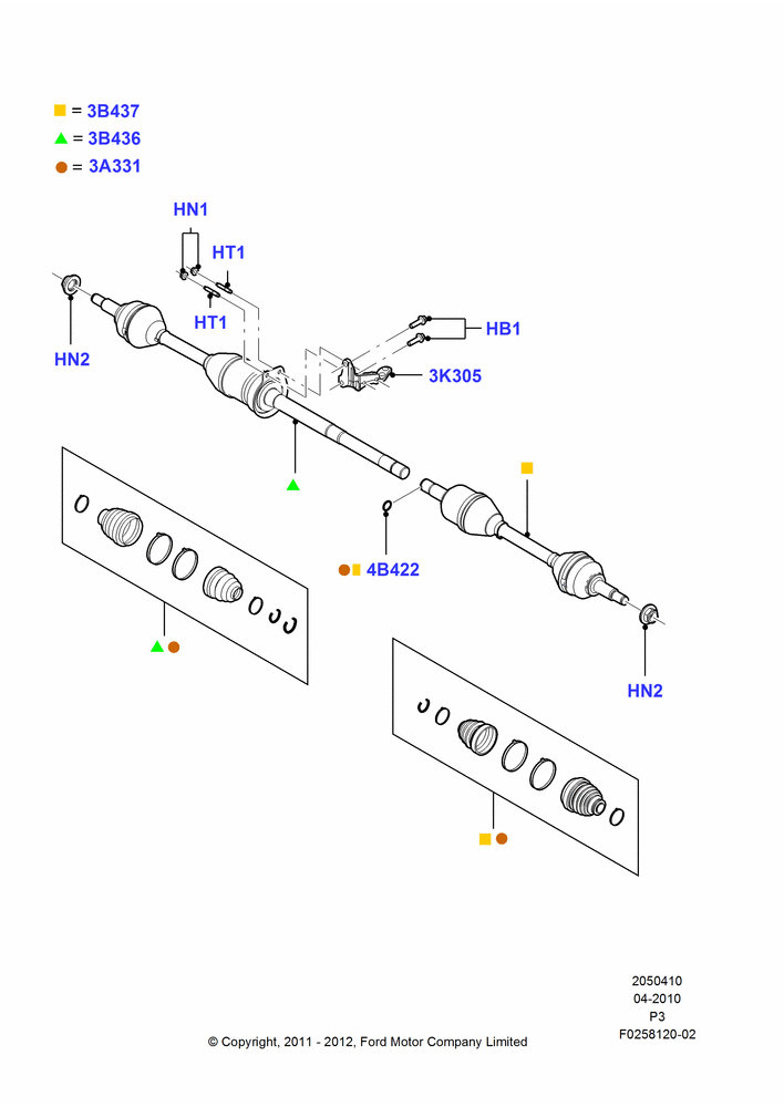Схема Приводные валы переднего моста, 3.5L 4V DOHC VCT SMPI V6 Gas; 19.04.2010–29.02.2012