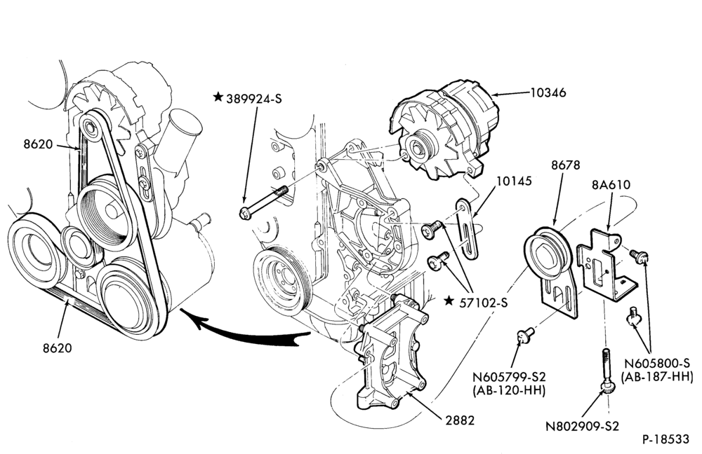 Схема Стартер, IGNITION AND HEADLAMP SWITCHES-Alternator mounting brackets - 4 cyl. 122 (2.0L) - Diesel - w/A/C
