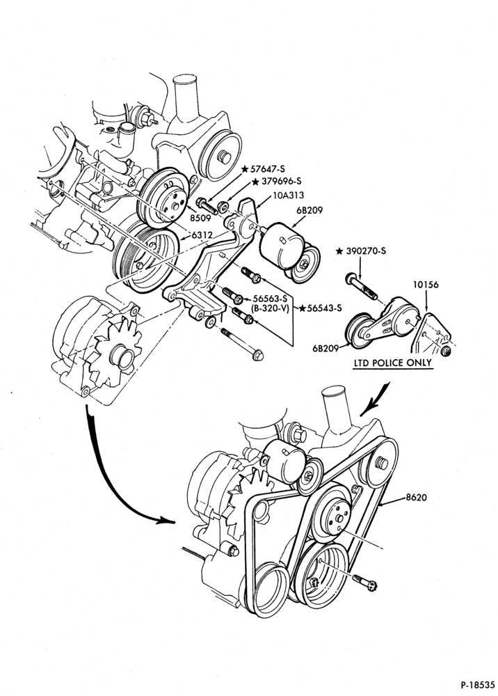 Схема Генератор, INSTRUMENT CLUSTER, BATTERY-Alternator mounting brackets - 8 cyl. 302 (5.0L)
