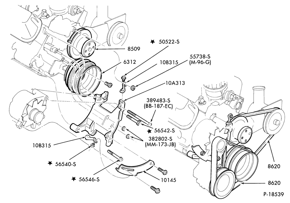 Схема DISTRIBUTOR AND IGNITION SYSTEM-Alternator mounting brackets (typical)- 8 cyl. 302 (5.0L)