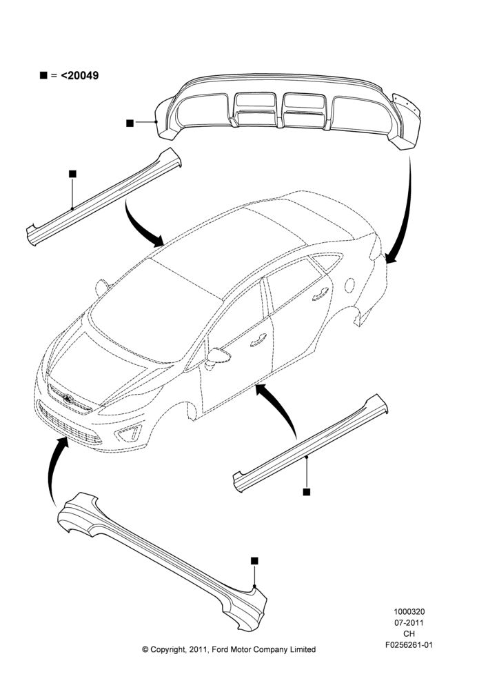 Схема Декор кузова — перед, 4 Door Sedan, Includes Front Fascia, Rear Fascia and Rocker Panels, Accessory; 18.07.2011–27.04.2013
