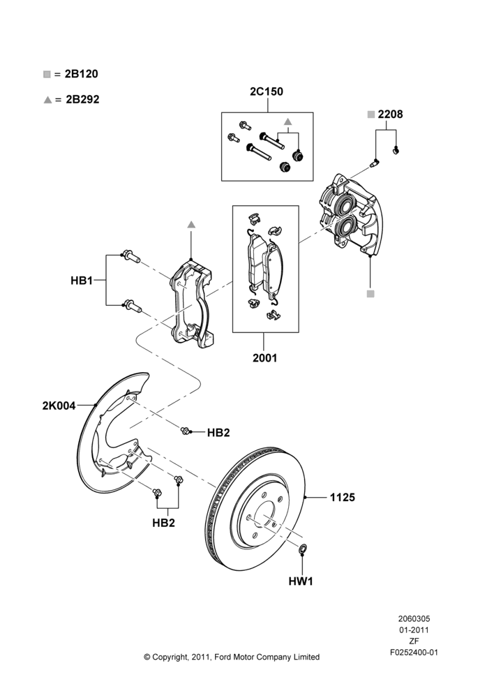 Схема Передние тормозные диски и суппорты, Base/GT, Less Premium Brakes; 03.02.2011–27.06.2014