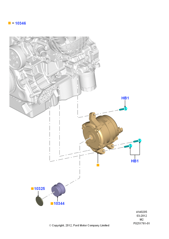 Схема Генератор и крепление, 2.5L Duratec (110kW/150PS), 2.5L Duratec FFV (125kW/170PS); 09.04.2012–13.08.2019