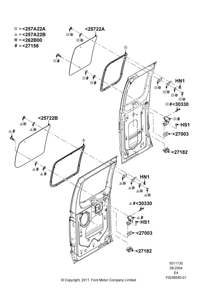 Схема Hinged Side Load Door Glass, With RH 2nd Row Flip Open Window; 02.08.2004–16.10.2006