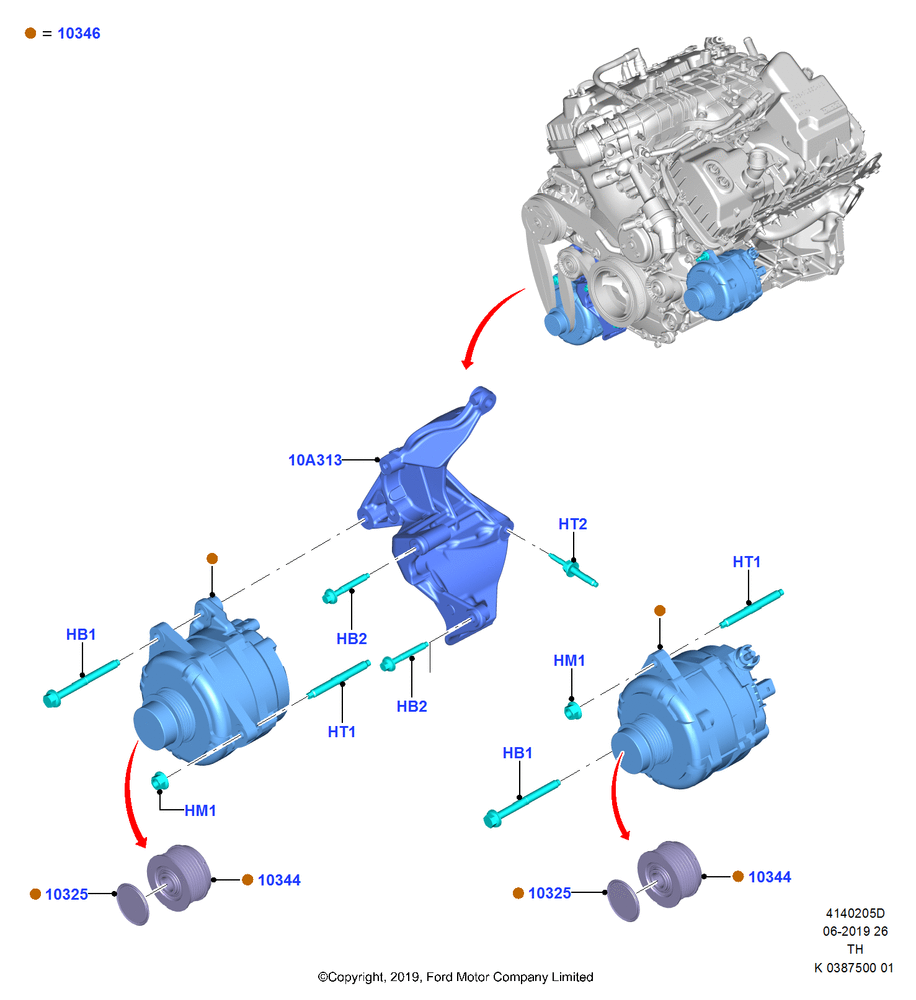 Схема Генератор и крепление, 3.5L Cyclone V6 Petrol TIVCT, 3.5L V6 GTDI, Dual Alternators; 21.10.2019