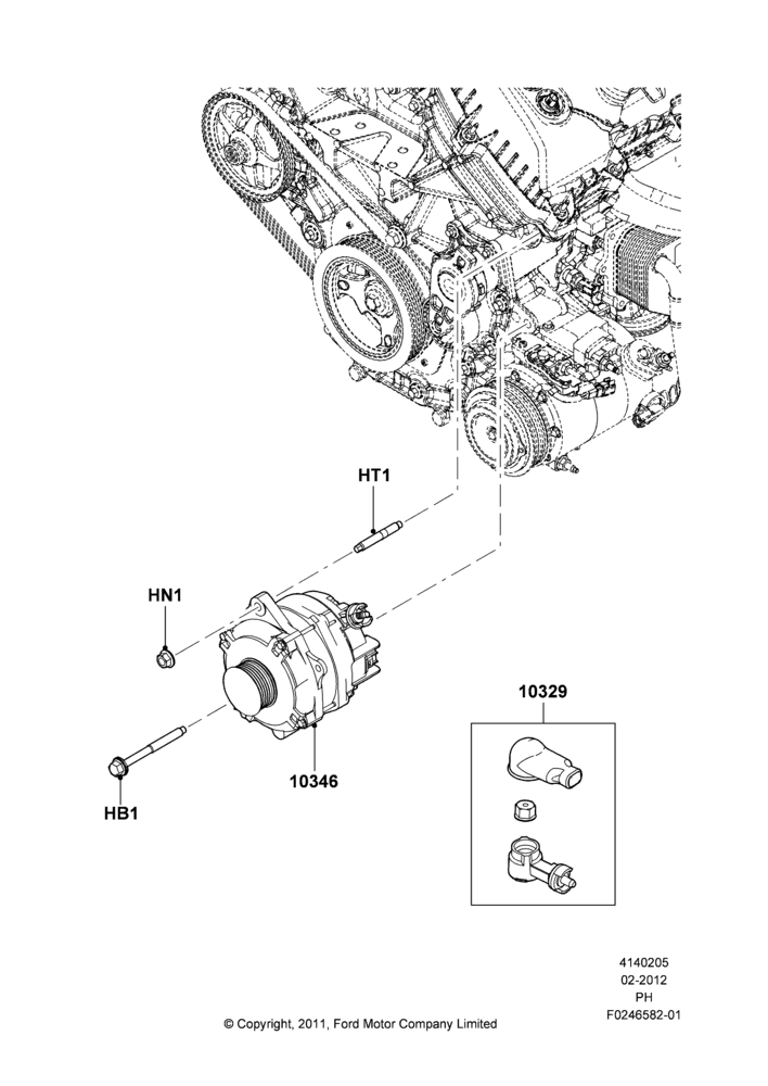 Схема Генератор и крепление, 3.5L Cyclone V6 Petrol TIVCT, 3.7L DOHC V6 Gas., 3.5L DOHC T/C V6 Gas, Heavy Duty Alternator, Standard Duty Alternator, (-) Police Version; 06.02.2012–01.03.2019