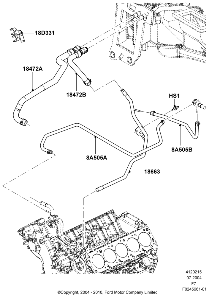 Схема Шланги отопителя, 6.8L Gas EFI V10, Less Ambient Temp/Speed Pack, Regular Cab; 19.07.2004–18.12.2006