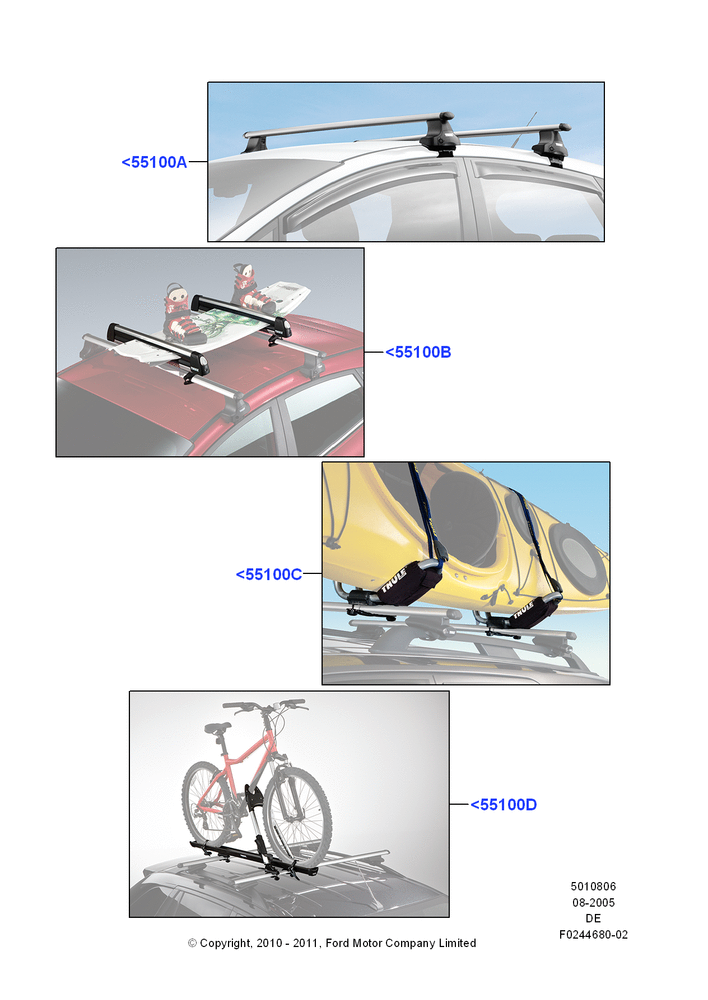 Схема Крепления багажника (аксессуар), Cross Bar, Ski Racks, Bike Racks, Wheel Holder, Kayak And Canoe Carrier, Removable Roof Rack (Multi Sport); 01.08.2005–29.07.2012