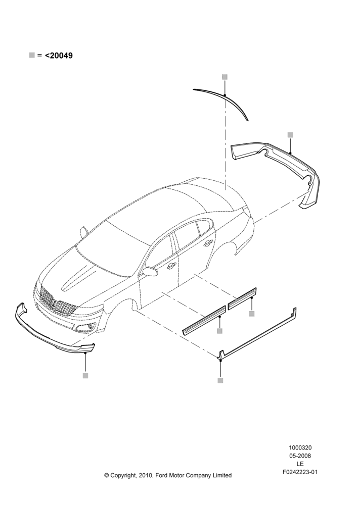 Схема Декор кузова — перед, Kit Includes Front Fascia, Rear Fascia, Rockers, Door Mouldings, Deck Spoiler, Set Of 9 Pieces; 05.05.2008–15.06.2009