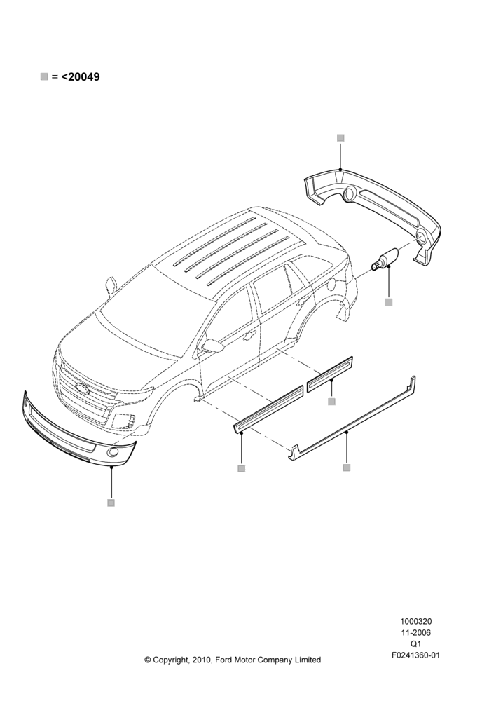 Схема Декор кузова — перед, Ford Series, Set Of 8 Pieces, Includes Front Fascia, Rear Fascia, Rockers, Door Caps And Exhaust Tips; 06.11.2006–17.09.2007