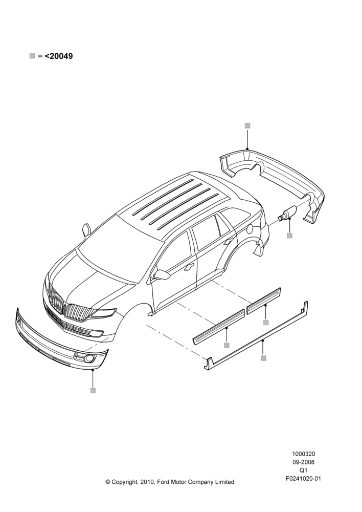 Схема Декор кузова — перед, Lincoln/Mercury Series, Set Of 8 Pieces, Includes Front Fascia, Rear Fascia, Rockers, Door Caps And Exhaust Tips; 18.09.2008–01.06.2009