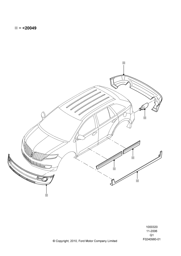 Схема Декор кузова — перед, Lincoln/Mercury Series, Set Of 8 Pieces, Includes Front Fascia, Rear Fascia, Rockers, Door Caps And Exhaust Tips; 06.11.2006–17.09.2007
