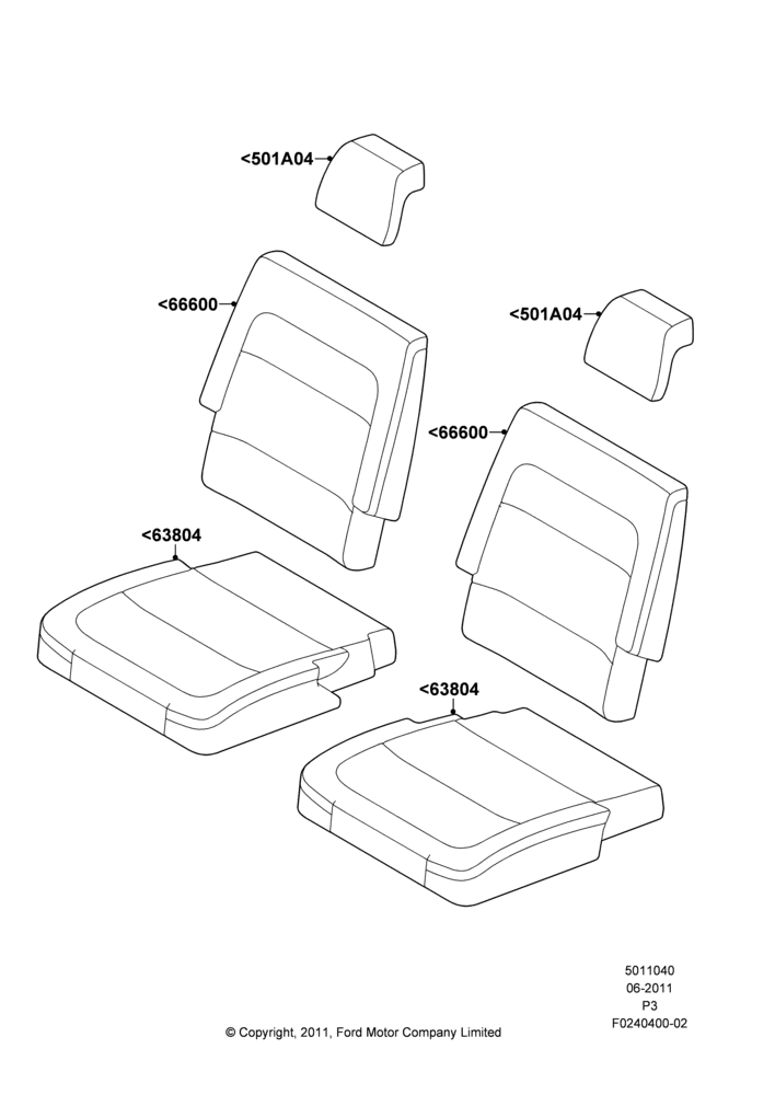 Схема Rear Seat Covers, With Third Row Split Bench Seat; 13.06.2011–29.02.2012