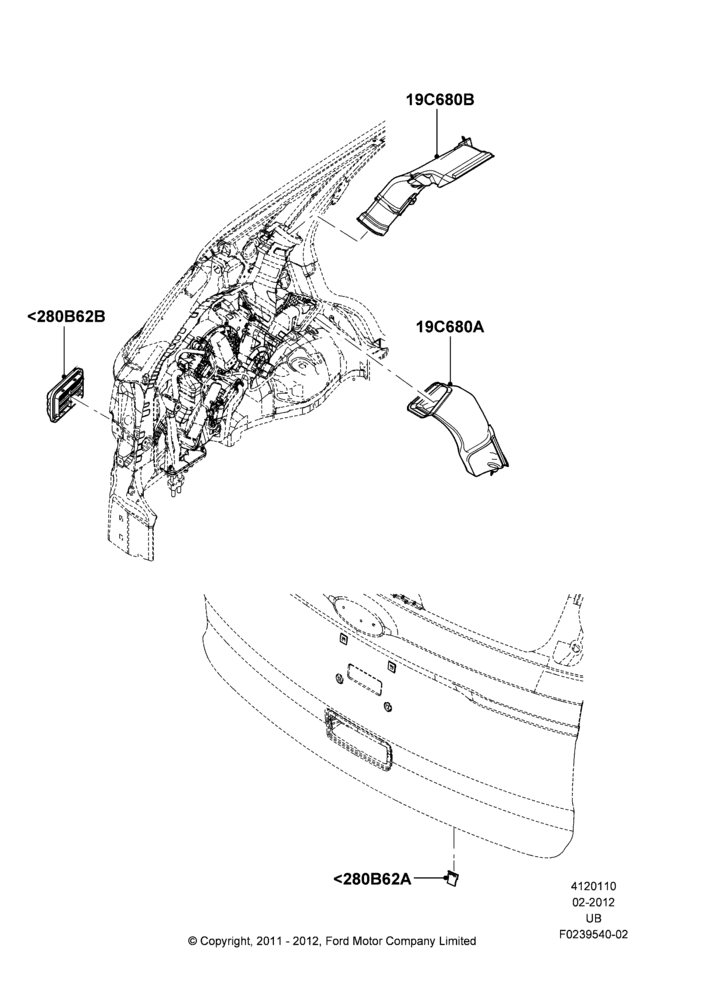 Схема Дефлекторы вентиляции, DUCTS & LOUVRES - REAR, With Aux Overhead Heater And A/C; 06.02.2012–03.03.2019